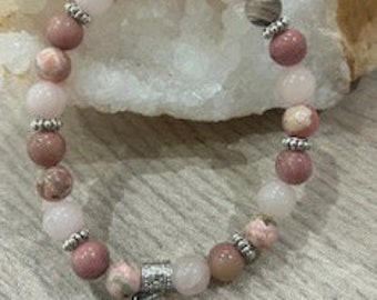 Bracelet en pierres semi-précieuses, rhodochrosite, rhodonite et quartz rose, femme, fait main