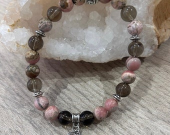 Bracelet en pierres semi-précieuses , rhodochrosite et quartz fumé, femme, fait main