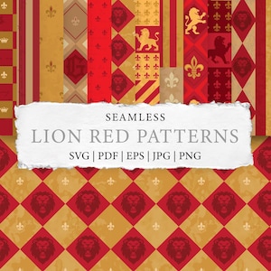 May include: A collection of seamless patterns in red, gold, and cream. Designs include lions, fleur-de-lis, crowns, and geometric shapes. The text "LION RED PATTERNS" is displayed on a white torn paper background, with file type options below.