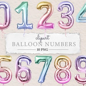 Pastel Number Balloon Clipart: Metallic Foil, Watercolor PNG (Digital Download)
