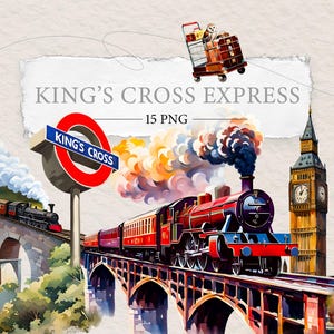 Clipart del Expreso Escolar / Tren Clásico de King's Cross Londres / Andén de Magia y Hechicería / Ilustraciones con Diseño de Acuarela / Pegatinas PNG