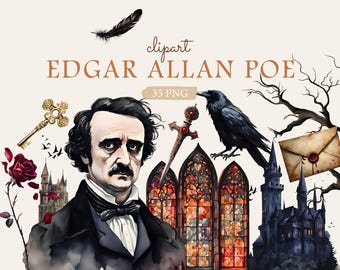 Edgar Allan Poe Clipart: Watercolor Gothic Nevermore Dark Academia Illustrations (PNG Digital Download)