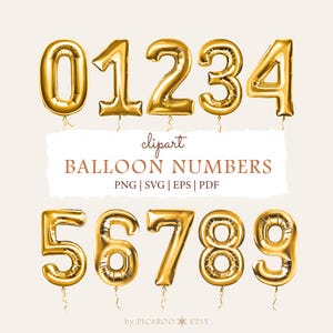 Golden Balloon Numbers 0—9 Clipart: Vector and Raster (PNG SVG PDF eps Digital Download)