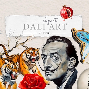 May include: Watercolor clipart featuring tigers, a red rose, a melting clock, and a portrait of Salvador Dalí. The image includes the text "DALI ART 25 PNG" on a torn paper background.
