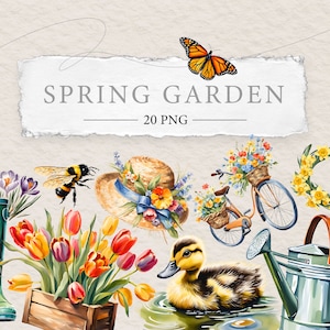 Spring Garden Clipart | Cottagecore Botanical Illustration Designs | 20 PNG de aquarela | Elementos de adesivos de flores | Bicicleta floral e plantas