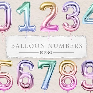 Clipart Chiffres pastel | Impressions ballons en aluminium métallisé | 10 Aquarelle PNG | Âge d'anniversaire ou date du nouvel an Décoration Illustrations Design