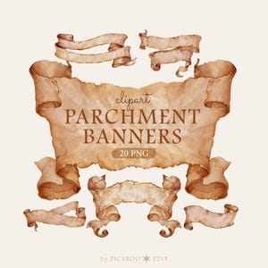 May include: A collection of brown watercolor parchment banners in various shapes and sizes, featuring curled edges and a textured paper appearance. The central text reads clipart PARCHMENT BANNERS 20 PNG, with by PICAROO ETSY at the bottom.