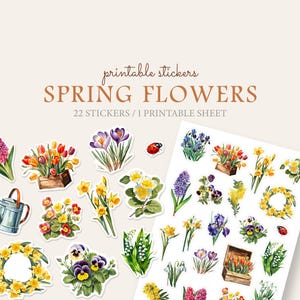 May include: A sheet of printable stickers with watercolour illustrations of spring flowers. The stickers include tulips, daffodils, pansies, and other blooms, along with a ladybird. The text reads "Spring Flowers" and "22 Stickers / 1 Printable Sheet."