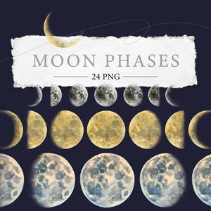 Mond Phasen Clipart | Aquarell Crescent Zyklus PNG Download | Astronomie & Astrologie-Aufkleber Bilder | Mond – Himmelskörper Instant Digital