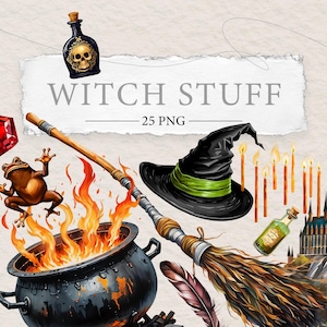 Hexe Clipart | Gemalte 25 PNG Design Elemente für Zauberer | Zauberhafte Kunst | Kessel Hexenhut Besen Kerzen Zaubertränke Schlange Zauberbuch