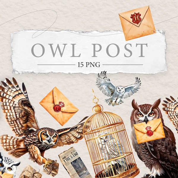 Owl Post Clipart | HP Letters from Magical Wizardry School | Realistic Design Illustrations | 15 PNG | Watercolor Stickers Digital Elements