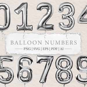 Imágenes prediseñadas de números de globos de aluminio / PNG, SVG, AI, PDF, EPS / Globos grises plateados metálicos vectoriales / Fuente, tipografía, celebración de cumpleaños, diseño digital