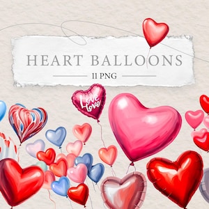 Balões de Coração Clipart | Balões de Foil Pintados em Aquarela PNG | Adesivos de Ilustração Romântica de Amor | Arte de Dia Especial | Download Instantâneo