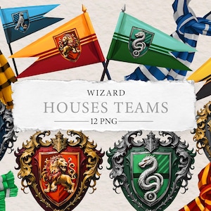 Clipart di squadre di case di maghi / PNG Stemmi Sciarpe Bandiere / Acquerello Rosso Verde Giallo Blu Arte araldica / Leone Serpente Aquila Tasso / Arte magica