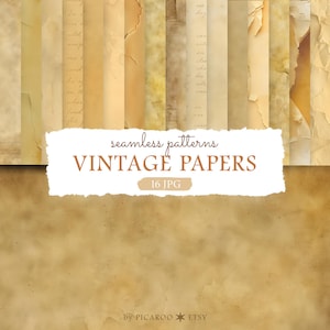 May include: A collection of sixteen digital files featuring seamless patterns of vintage papers in various shades of beige, tan, and brown. The image displays text that reads seamless patterns VINTAGE PAPERS 16 JPG by PICAROO ETSY.