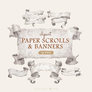Watercolor Scroll Clipart Bundle: 26 Vintage Parchment White Gray Paper Ribbon Banners, Transparent PNG