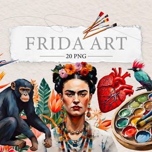 フリーダ カーロ アート クリップアート | メキシコの女性アーティスト | 絵画イラスト デザイン | 20 水彩 PNG | フリーダの肖像画ステッカー要素