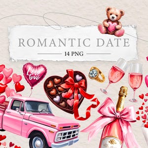 Clipart de Encontro Romântico | Design de Ilustração de Amor | Elementos PNG de Aquarela Pintada | Proposta de Noivado de Casamento | Dia dos Namorados Feminino Rosa