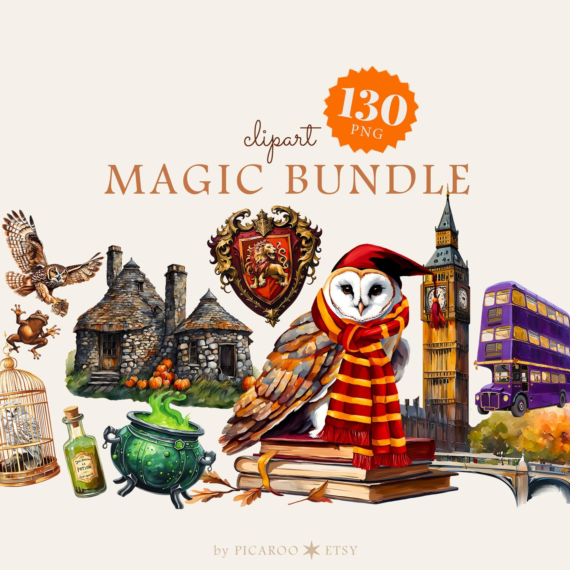 Magic Bundle: Academy Clipart, Watercolor Owls, Houses, Potions (PNG Digital Download)