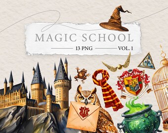 Magic School Clipart Vol.1 / HP Wizardry Castle Elements / Ilustraciones de diseño de magos / 13 PNG / Pegatinas digitales de acuarela / Sombrero de clasificación