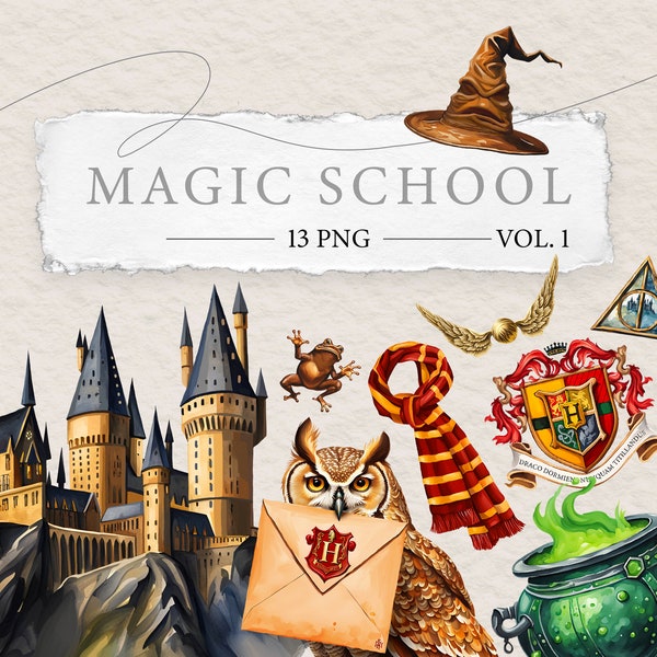 Clipart école de magie Vol.1 | Éléments de château de magie HP | Illustrations de conception de magicien | 13 PNG | Stickers numériques aquarelle | Choixpeau lumineux