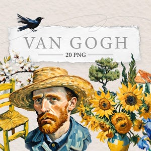 Van Gogh-clipart | Vincent-olieverfschilderijen illustratieontwerpen | Aquarel, png-bestand | Zonnebloemen Stickers Elementen | Zelfportretten van artiestensterren
