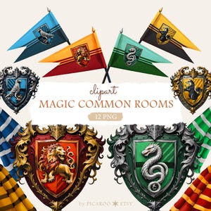 Clipart aquarelle de salles communes de magicien | emblèmes d'animaux et bannières — blaireau serpent lion (téléchargement numérique PNG)