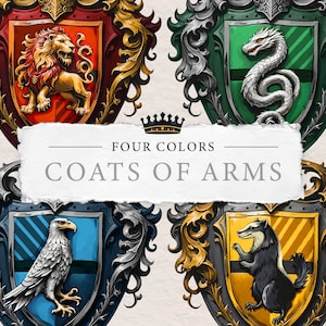 Quatro Cores Brasões de Armas Clipart | Vermelho Verde Amarelo Azul Times Emblemas Heráldicos | Leão Cobra Águia Texugo Aquarela Animais PNG Designs