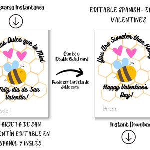 Cartes de Saint-Valentin bilingues modifiables, étiquettes-cadeaux de la Saint-Valentin, bourdon, miel Saint-Valentin, imprimable, téléchargement immédiat, espagnol
