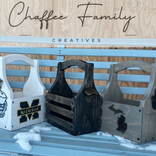 Personalized beer caddy with bottle opener.  Each caddy is designed and created specifically for each customer.