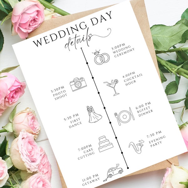 Editable Wedding Day Timeline Details | Timeline Card | Wedding Order of Events | Wedding Day Timeline | Instant Download