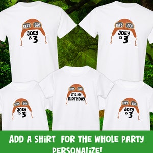May include: Five white t-shirts with a brown aviator hat graphic and the text "Let's Go! Joey is 3" or "Let's Go! It's My Birthday".