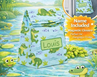 Bolsa de almuerzo personalizada con diseño de cocodrilo para niños, bolsa magnética enrollable, bolsa térmica para almuerzo escolar, bolsa reutilizable para refrigerio colgante para refrigerador