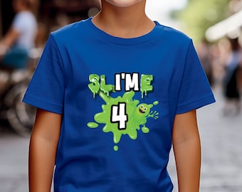 May include: A blue t-shirt with a green slime graphic and the text "SLI'M E 4".