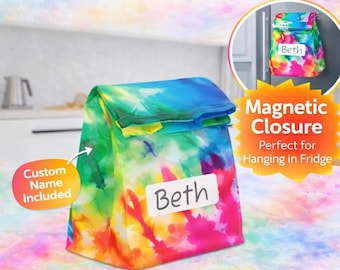 Bolsa de almuerzo personalizada para niños con estampado tie-dye, bolsa magnética enrollable, bolsa térmica para almuerzo escolar, bolsa reutilizable para refrigerio colgante para refrigerador