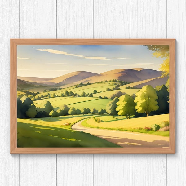 A digital serene landscape painting featuring rolling green hills, a winding path, and a clear sky. 28