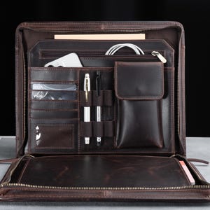 Portafolio de cuero con monograma, regalo corporativo con cierre de cremallera, accesorio empresarial personalizado, regalo de Navidad