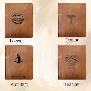 May include: Four brown leather portfolios, each with a unique design. One features a scales of justice logo and the name "Patricia Johnson", labeled "Lawyer". Another has a medical symbol, labeled "Doctor". The third has an architectural design, labeled "Architect". The last has a heart-shaped school logo, labeled "Teacher".