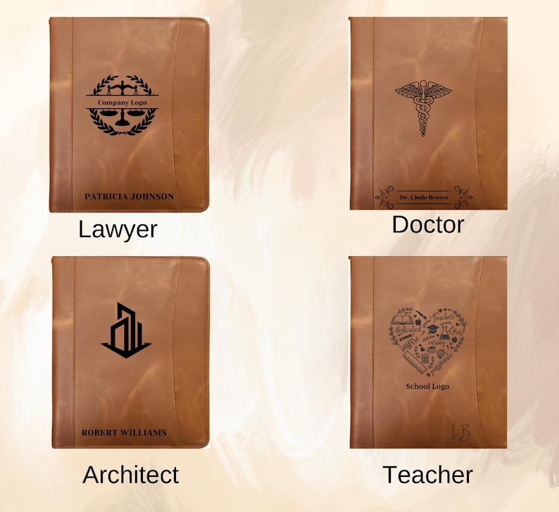 May include: Four brown leather portfolios, each with a unique design. One features a scales of justice logo and the name "Patricia Johnson", labeled "Lawyer". Another has a medical symbol, labeled "Doctor". The third has an architectural design, labeled "Architect". The last has a heart-shaped school logo, labeled "Teacher".