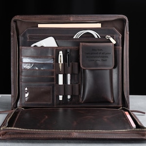 Monogrammed Leather Portfolio Briefcase, Corporate Gift with Zipper Closure, Personalized Business Accessory, Christmas Gift
