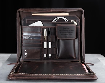 Monogrammed Leather Portfolio Briefcase, Corporate Gift with Zipper Closure, Personalized Business Accessory, Christmas Gift