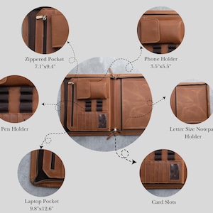 May include: A brown leather portfolio with multiple compartments, including a zippered pocket (7.1"x9.4"), phone holder (3.5"x5.5"), pen holder, letter-size notepad holder, laptop pocket (9.8"x12.6"), and card slots. The portfolio is open, showcasing its organizational features.