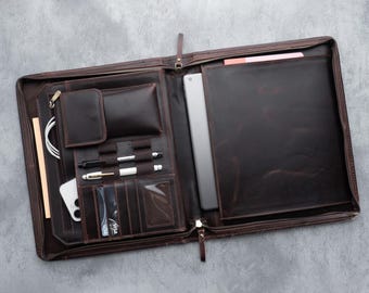 Elegant Leather Portfolio for Doctors, Professional Business Gift with Zipper Closure, Custom Logo Engraving, Christmas Gift,Retirement gift