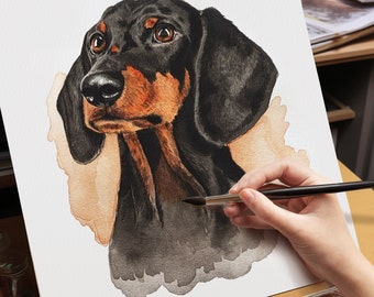 Pet portrait painting, Hand-painted portrait of a pet, Custom dog portrait, Watercolor, Custom Dachshund Portrait Painting from Photo