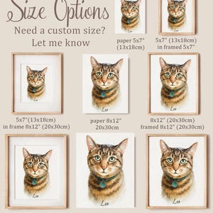 May include: A variety of cat portrait prints in different sizes, including framed and unframed options. The artwork features a detailed watercolor painting of a tabby cat with green eyes and a teal collar. Text on the image reads "Size Options" and "Need a custom size? Let me know."