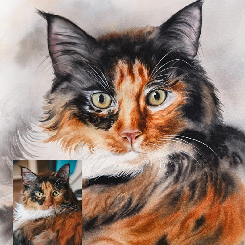 Dog Portrait Custom Painting from Photo, 100% Handmade Watercolor Cat Portrait, Valentines day gift image 5
