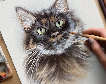 Cat Portrait From Photo. Hand painted portrait of a cat. Custom cat portrait. Personalized watercolor cat painting, Cat Painting.