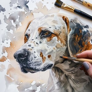 以下が含まれることがあります： 犬の頭部の水彩画。犬は白地に茶色と黒の斑点のある毛皮をしている。犬の目は茶色で鼻は黒。絵は白地に茶色と灰色の水彩の飛沫で描かれている。