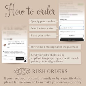 May include: A beige graphic with instructions on how to order a custom pet portrait. The steps include specifying the number of pets, selecting the artwork size, and placing the order. The image also shows how to upload photos.