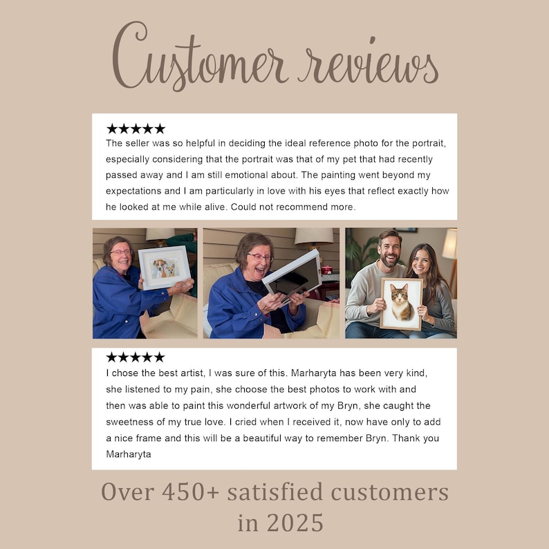 May include: Image showcasing customer reviews with text overlay. The reviews highlight positive experiences with pet portraits, mentioning the artist's kindness and the emotional impact of the artwork. The image also includes the text "Over 450+ satisfied customers in 2025."